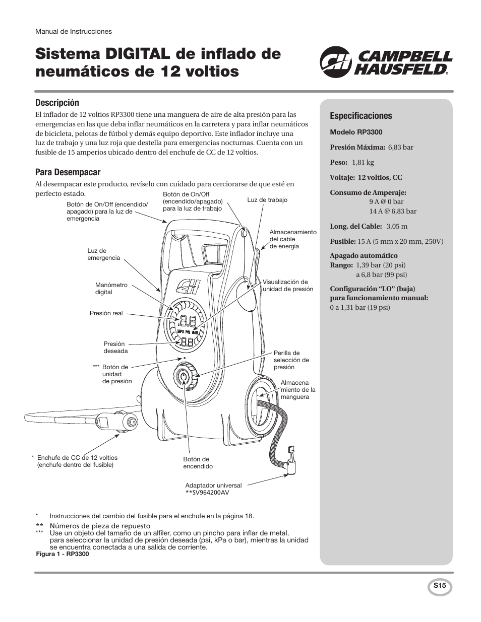 Descripción, Para desempacar, Especificaciones | Campbell Hausfeld RP3300 User Manual | Page 15 / 20