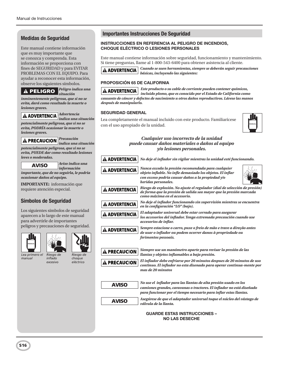 Importantes instrucciones de seguridad, Medidas de seguridad, Símbolos de seguridad | Campbell Hausfeld RP3300 User Manual | Page 16 / 20