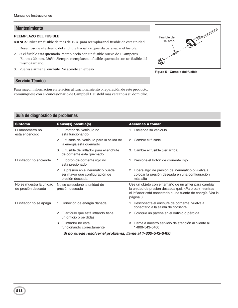 Mantenimiento, Servicio técnico, Guía de diagnóstico de problemas | Campbell Hausfeld RP3300 User Manual | Page 18 / 20