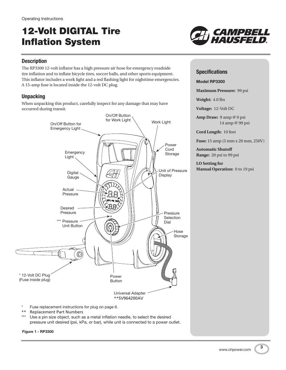 Volt digital tire inflation system, Description, Unpacking | Specifications | Campbell Hausfeld RP3300 User Manual | Page 3 / 20
