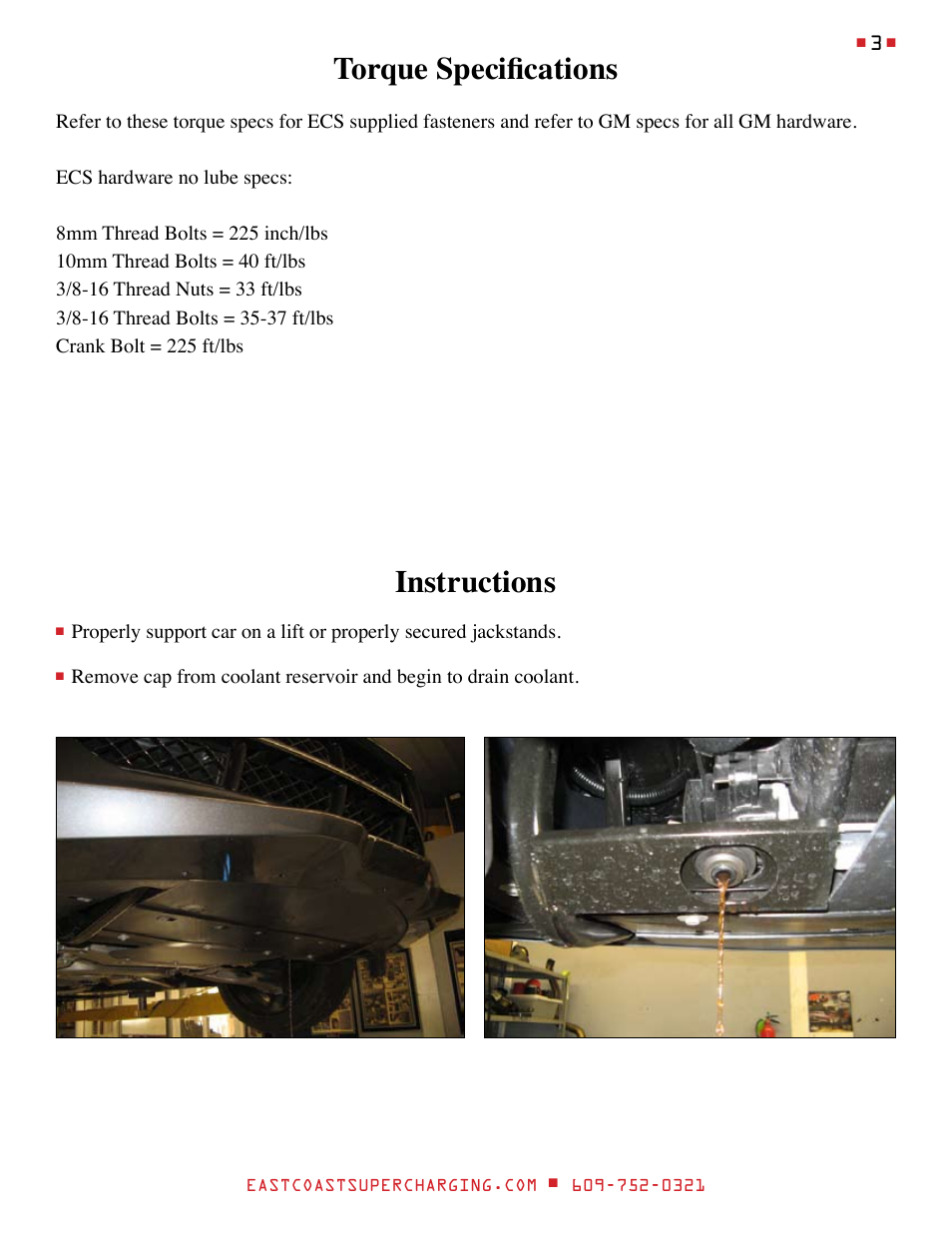 Instructions, Torque specifications | East Coast Supercharging ECS Paxton SC1500 '14 C7 Supercharger Kit User Manual | Page 3 / 43