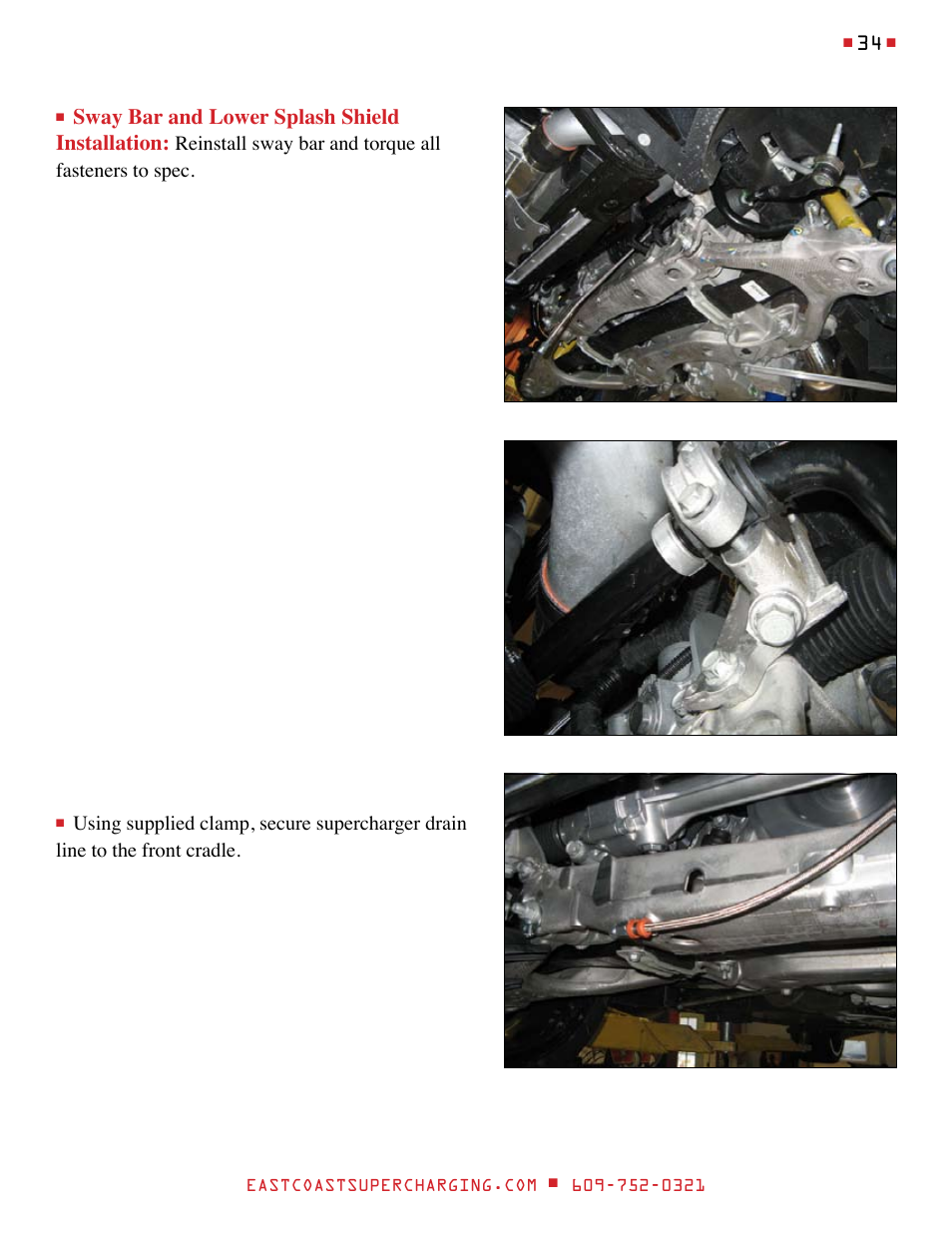 Sway bar and lower splash shield installation | East Coast Supercharging ECS Paxton SC1500 '14 C7 Supercharger Kit User Manual | Page 34 / 43