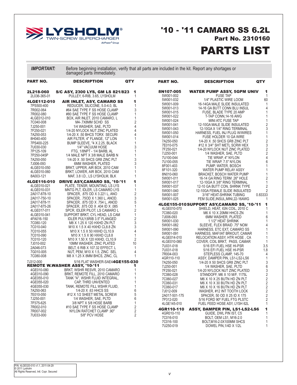 Parts list | East Coast Supercharging Lysholm 2010+ Camaro Supercharger Kit User Manual | Page 6 / 101