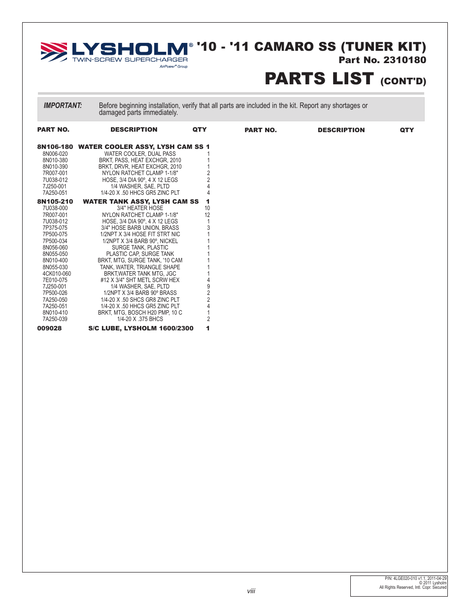 Parts list, 10 - '11 camaro ss (tuner kit), Cont'd) | East Coast Supercharging Lysholm 2010+ Camaro Supercharger Kit User Manual | Page 9 / 101