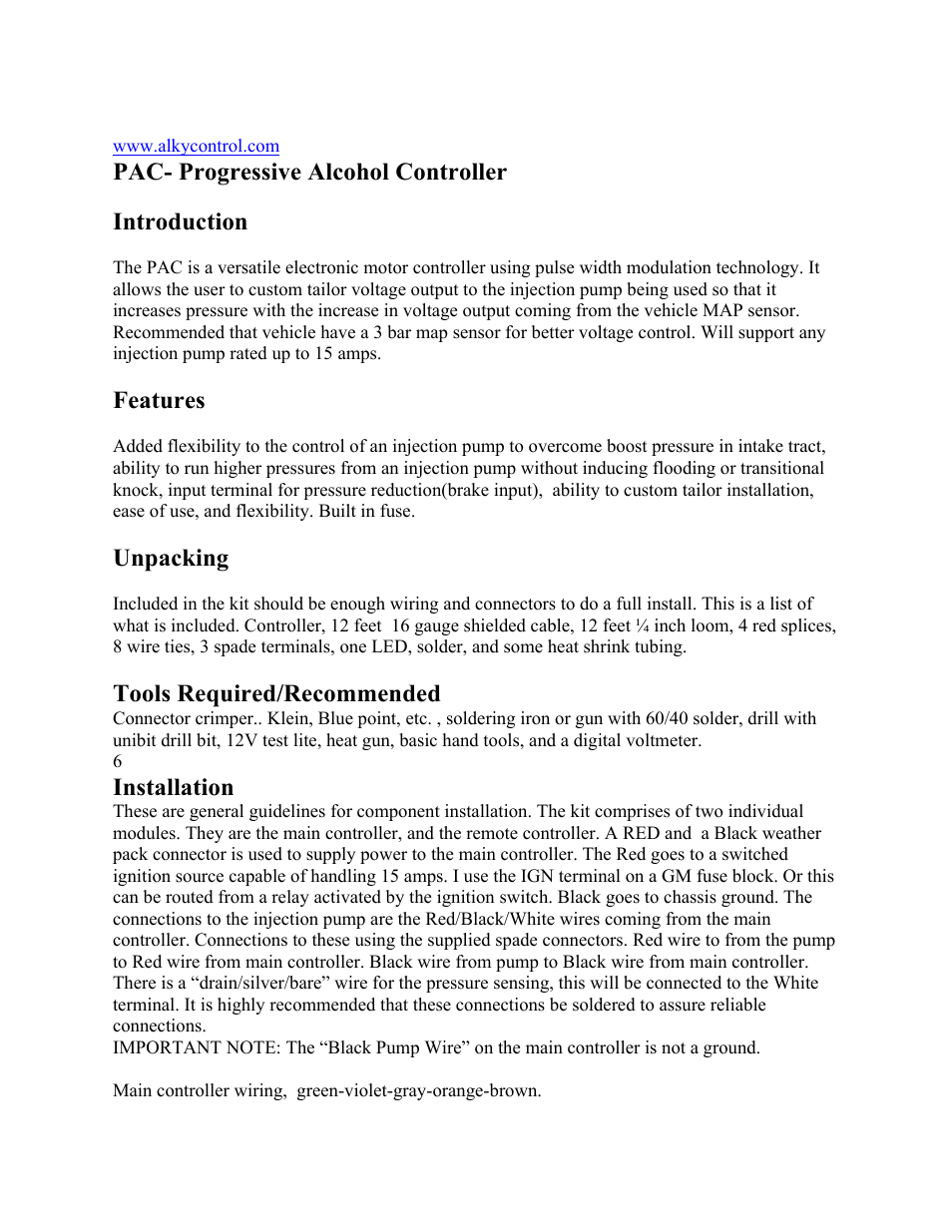 Pac- progressive alcohol controller, Introduction, Features | Unpacking, Tools required/recommended, Installation | East Coast Supercharging ECS Alky C6 User Manual | Page 21 / 25