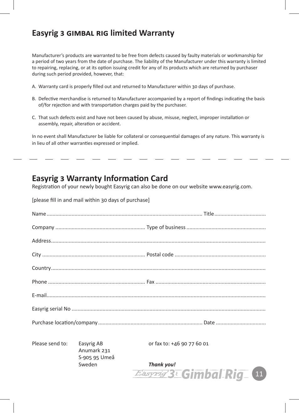 Easyrig 3 gimbal rig limited warranty, Easyrig 3 warranty information card | Easyrig 3 Gimbal Rig User Manual | Page 11 / 12