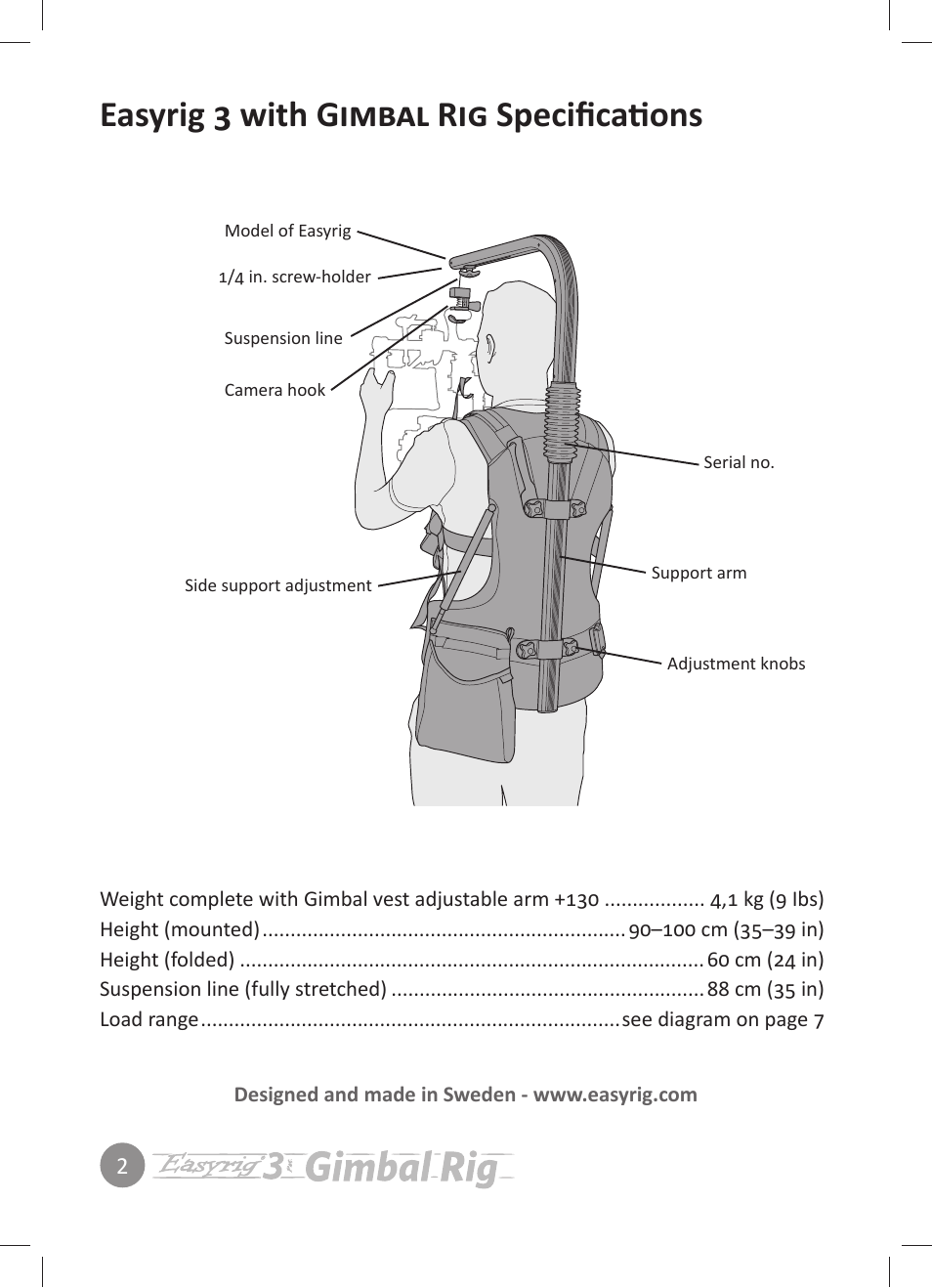 Easyrig 3 with gimbal rig specifications | Easyrig 3 Gimbal Rig User Manual | Page 2 / 12