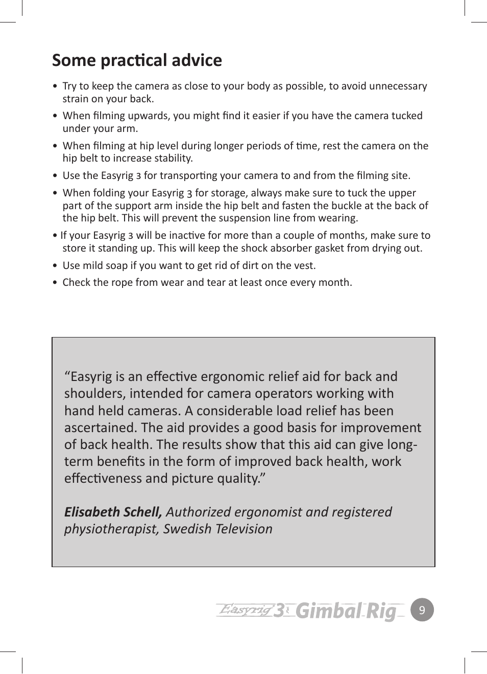 Some practical advice | Easyrig 3 Gimbal Rig User Manual | Page 9 / 12