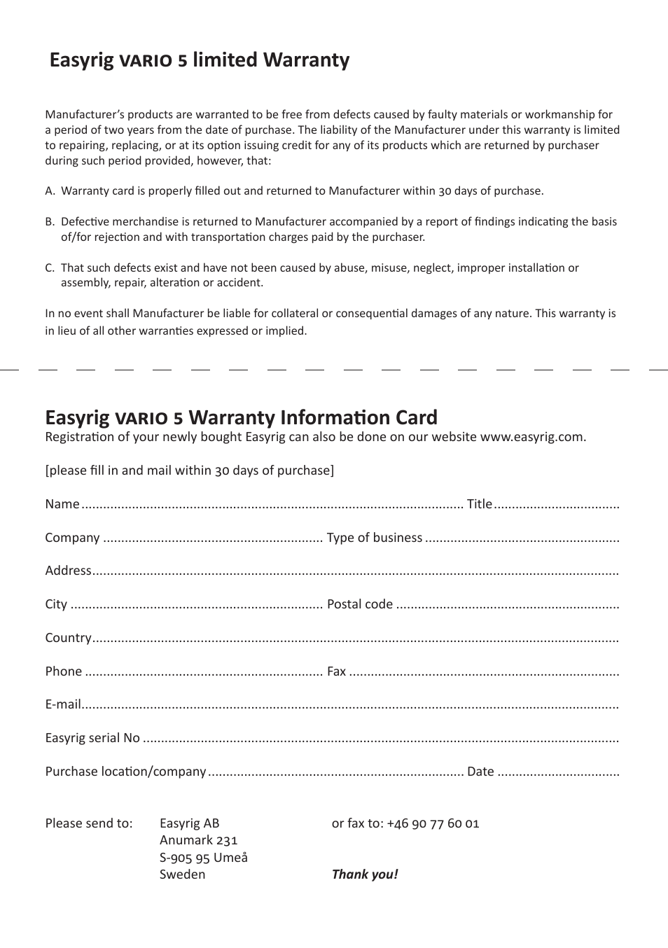 Easyrig vario 5 limited warranty, Easyrig vario 5 warranty information card | Easyrig 5 Vario User Manual | Page 12 / 12