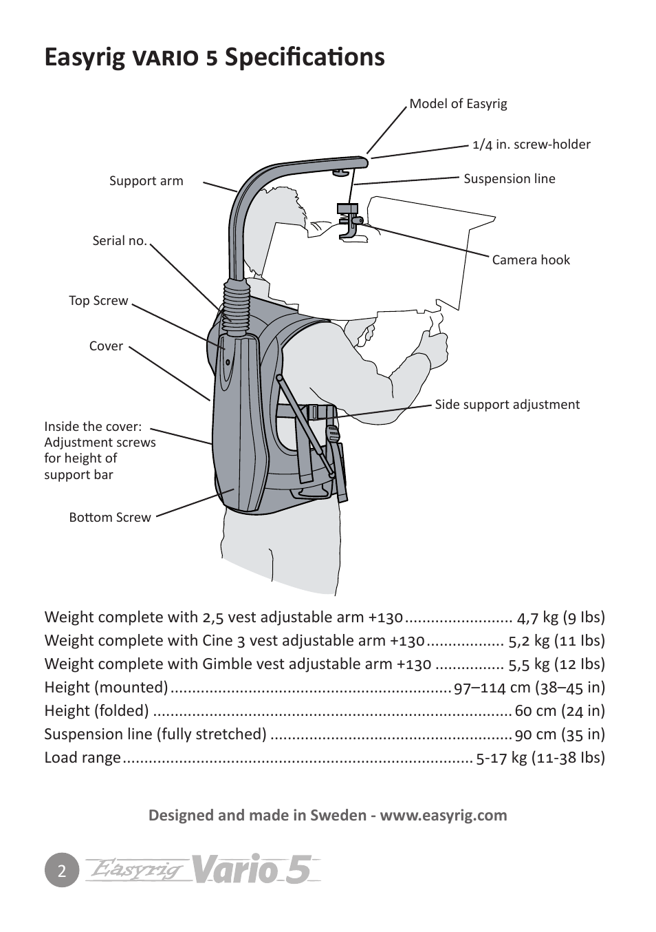 Easyrig vario 5 specifications | Easyrig 5 Vario User Manual | Page 2 / 12