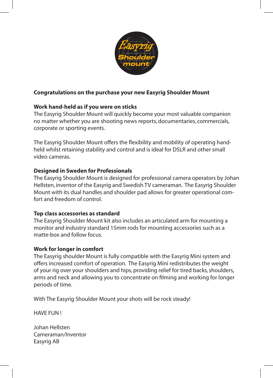 Easyrig Shoulder Mount User Manual | 4 pages