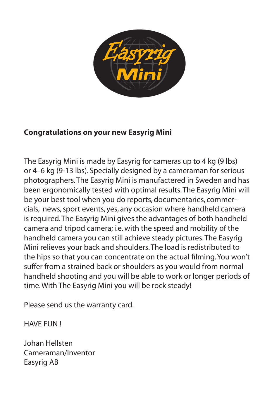 Easyrig Mini User Manual | 4 pages
