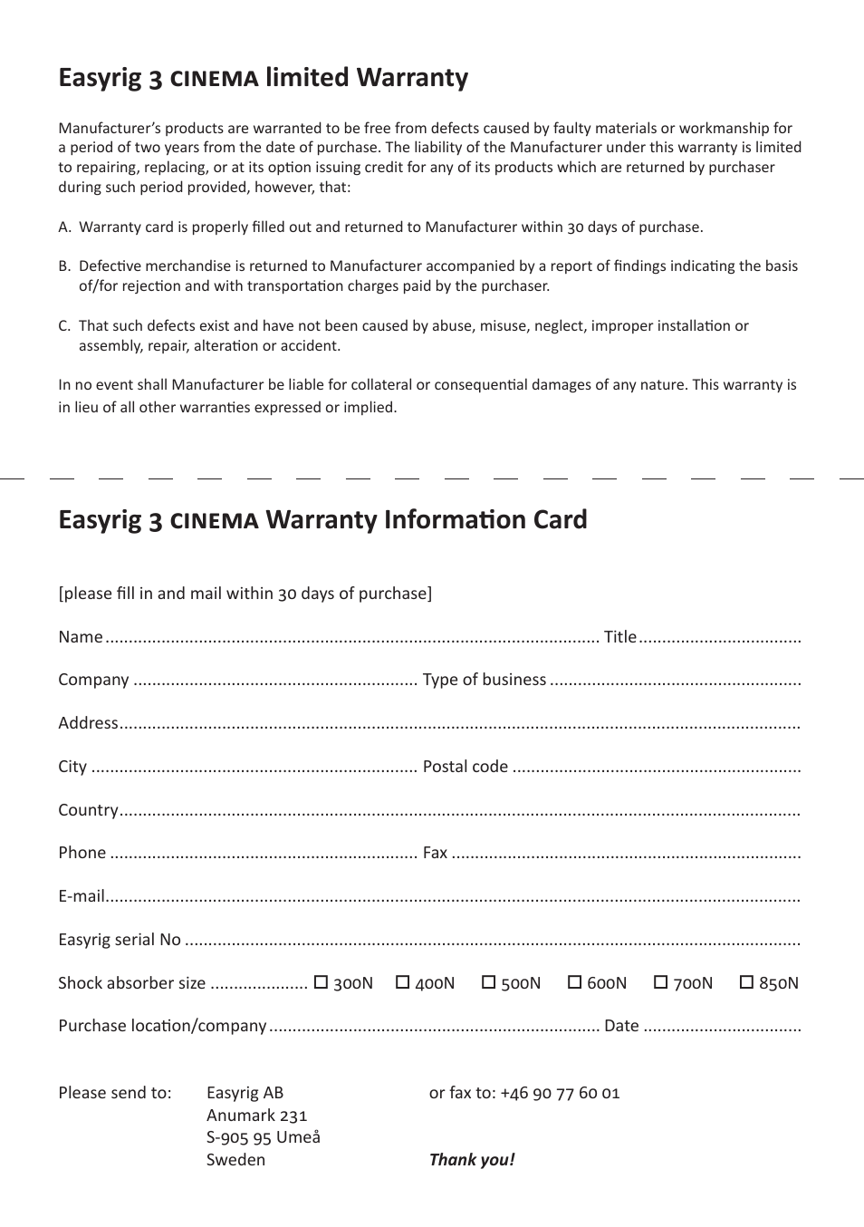 Easyrig 3 cinema limited warranty, Easyrig 3 cinema warranty information card | Easyrig 3 Cinema User Manual | Page 12 / 12