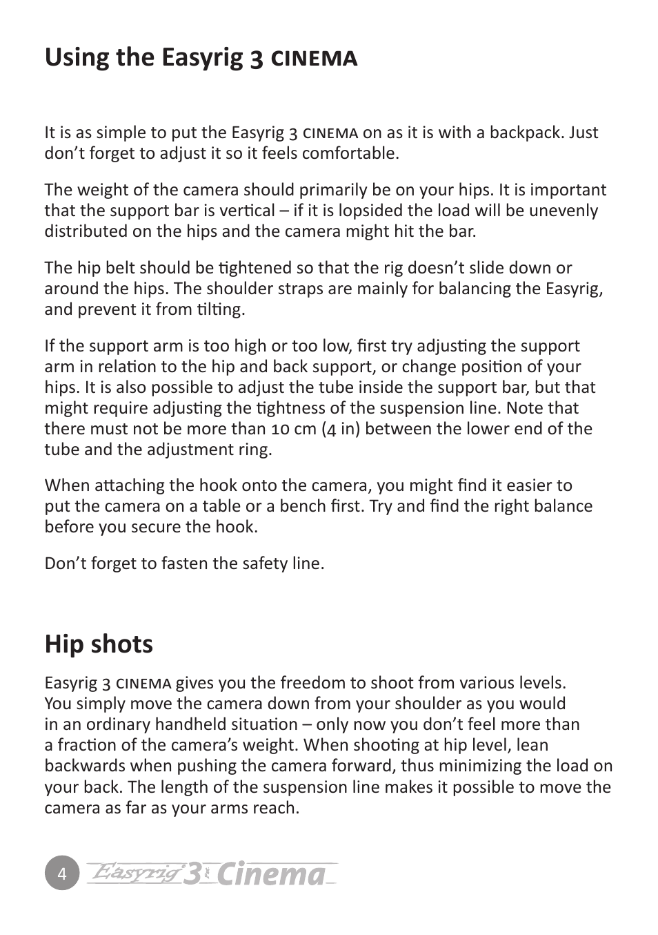 Using the easyrig 3 cinema, Hip shots | Easyrig 3 Cinema User Manual | Page 4 / 12