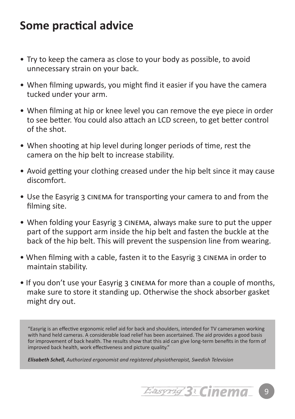Some practical advice | Easyrig 3 Cinema User Manual | Page 9 / 12