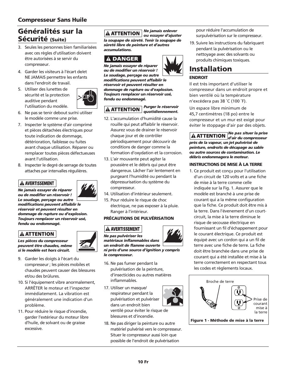 Généralités sur la sécurité, Installation, Compresseur sans huile | Campbell Hausfeld FP209699 User Manual | Page 10 / 24