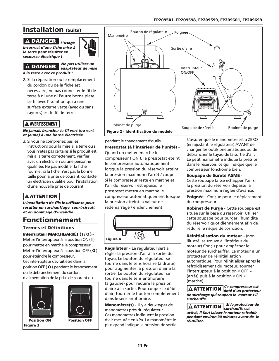 Fonctionnement, Installation | Campbell Hausfeld FP209699 User Manual | Page 11 / 24