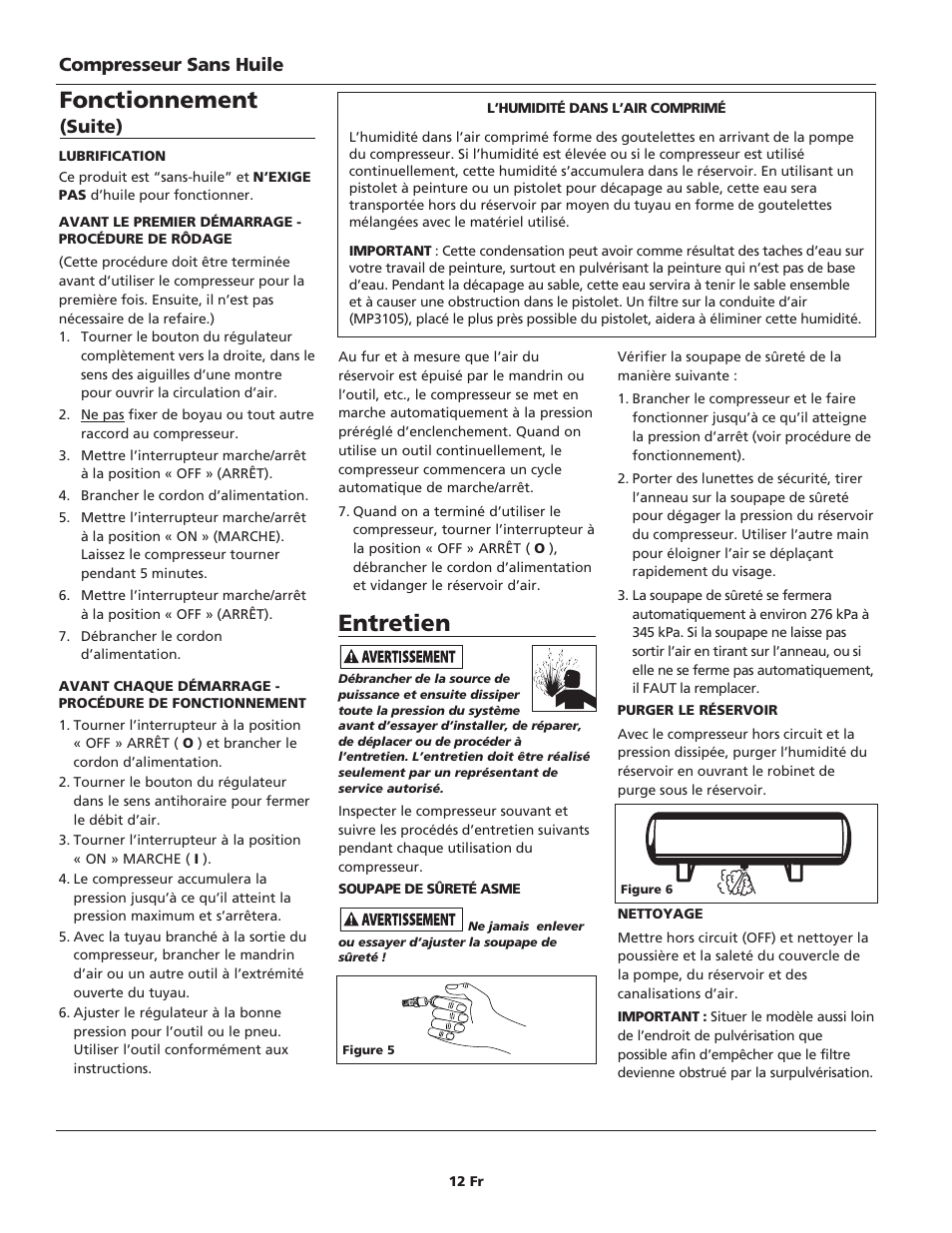 Entretien, Fonctionnement, Compresseur sans huile | Suite) | Campbell Hausfeld FP209699 User Manual | Page 12 / 24