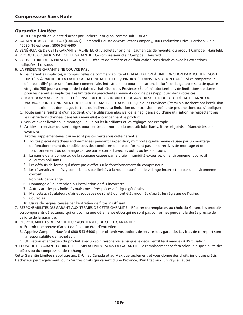 Compresseur sans huile garantie limitée | Campbell Hausfeld FP209699 User Manual | Page 16 / 24