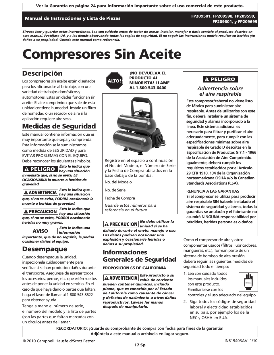 Compresores sin aceite, Descripción, Medidas de seguridad | Desempaque, Informaciones generales de seguridad, Advertencia sobre el aire respirable | Campbell Hausfeld FP209699 User Manual | Page 17 / 24