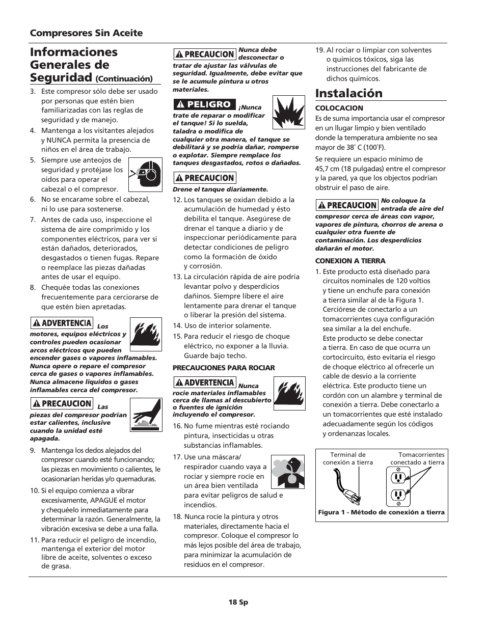 Informaciones generales de seguridad, Instalación, Compresores sin aceite | Campbell Hausfeld FP209699 User Manual | Page 18 / 24