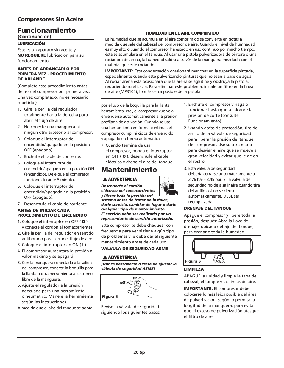 Mantenimiento, Funcionamiento, Compresores sin aceite | Campbell Hausfeld FP209699 User Manual | Page 20 / 24