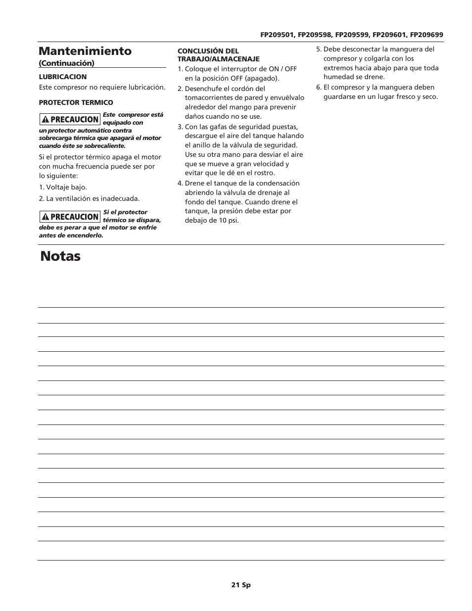 Notas, Mantenimiento | Campbell Hausfeld FP209699 User Manual | Page 21 / 24