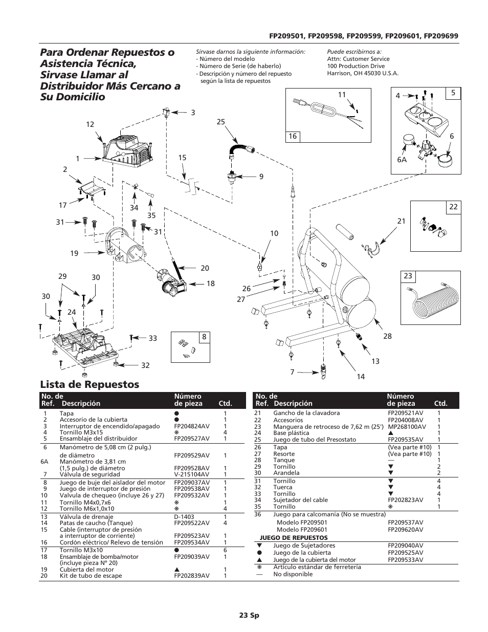 Lista de repuestos | Campbell Hausfeld FP209699 User Manual | Page 23 / 24