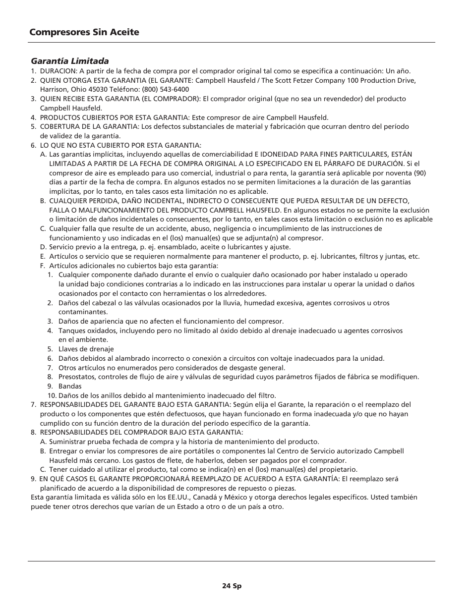 Compresores sin aceite | Campbell Hausfeld FP209699 User Manual | Page 24 / 24