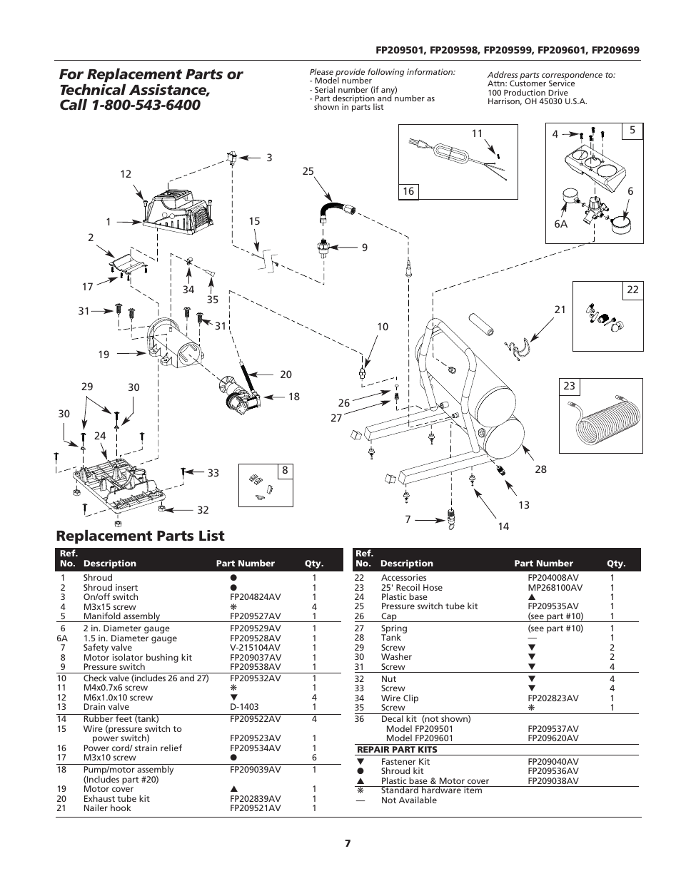 Replacement parts list | Campbell Hausfeld FP209699 User Manual | Page 7 / 24