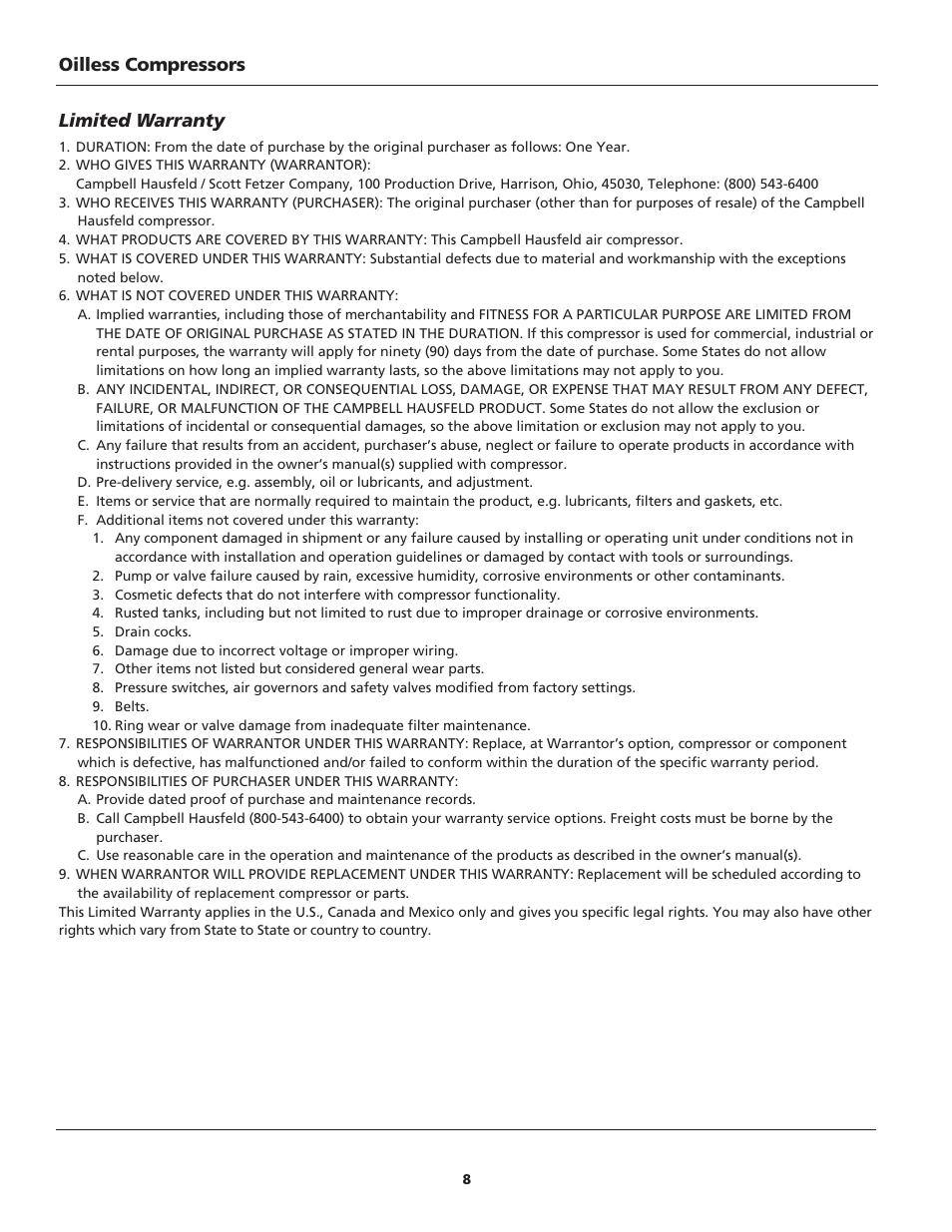 Oilless compressors limited warranty | Campbell Hausfeld FP209699 User Manual | Page 8 / 24