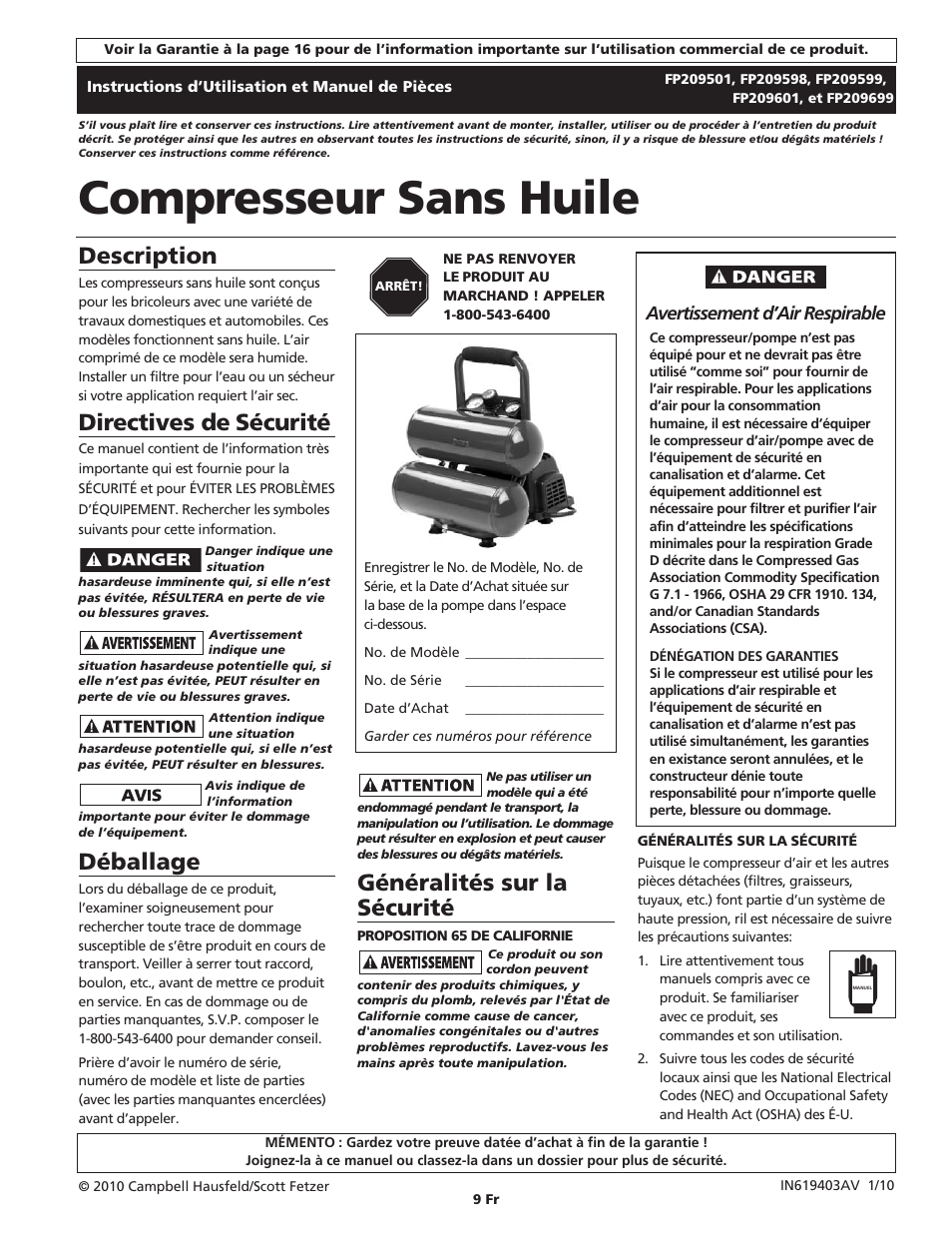 Compresseur sans huile, Généralités sur la sécurité, Description | Directives de sécurité, Déballage, Avertissement d’air respirable | Campbell Hausfeld FP209699 User Manual | Page 9 / 24