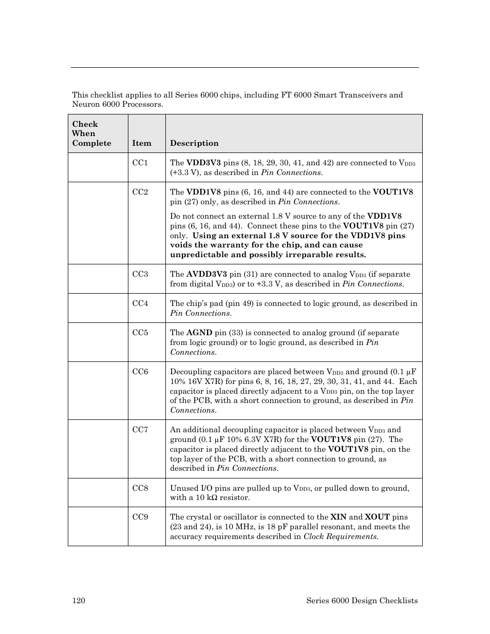 Checklist 1: series 6000 chip connections | Echelon Series 6000 Chip databook User Manual | Page 132 / 181