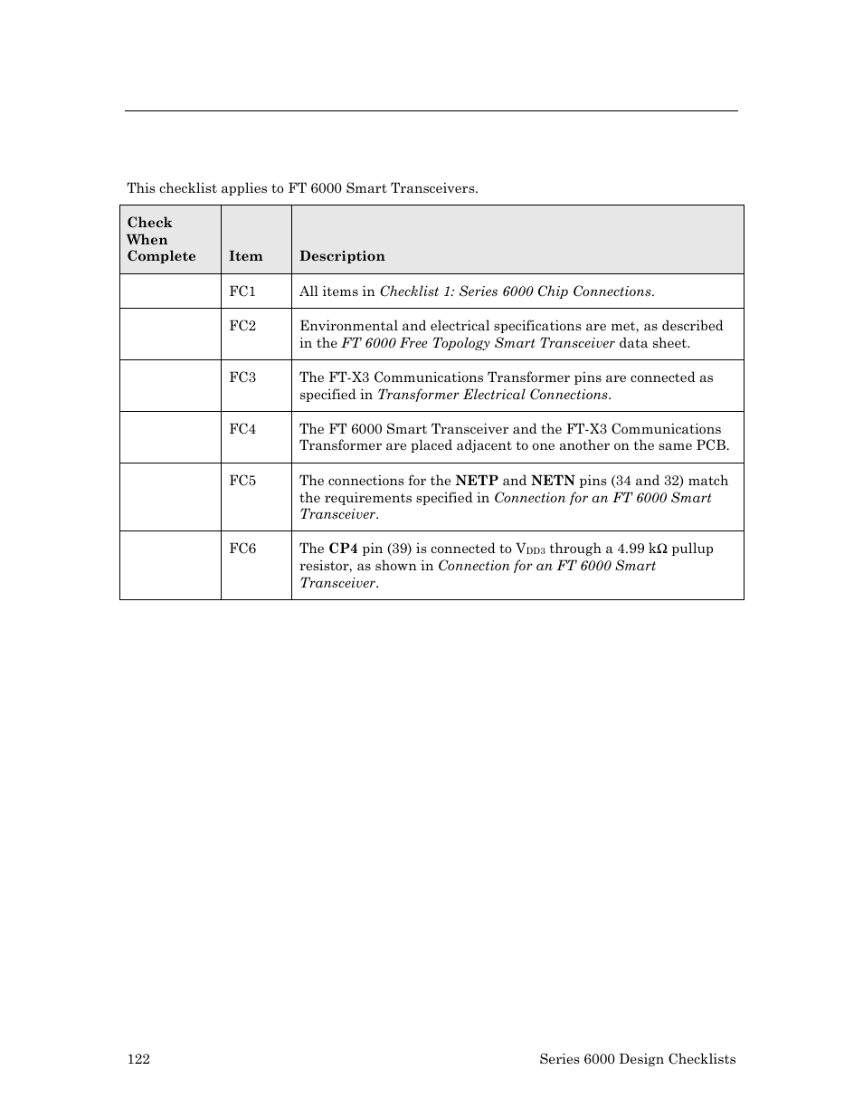 Checklist 2: ft 6000 smart transceiver connections | Echelon Series 6000 Chip databook User Manual | Page 134 / 181