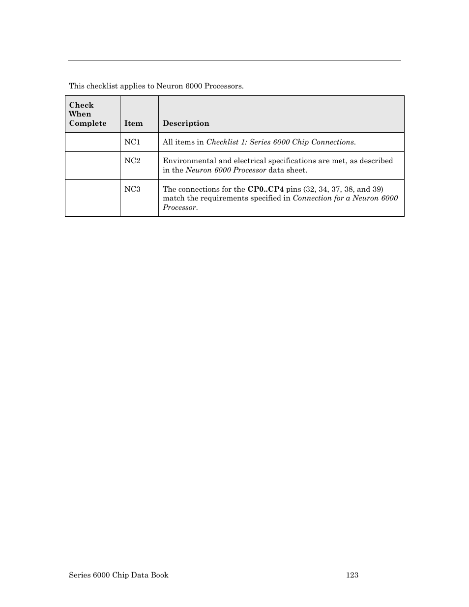 Checklist 3: neuron 6000 processor connections | Echelon Series 6000 Chip databook User Manual | Page 135 / 181