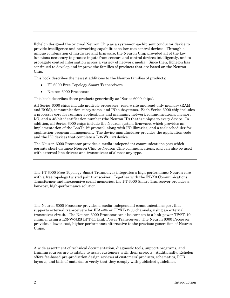 Product family overview, Ft 6000 smart transceiver, Neuron 6000 processor | Development resources for series 6000 chips | Echelon Series 6000 Chip databook User Manual | Page 14 / 181