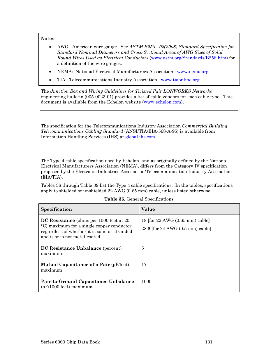 Category 5 and 6 cable specifications, Nema type 4 cable specifications, O nema type 4 cable | Specifications | Echelon Series 6000 Chip databook User Manual | Page 143 / 181