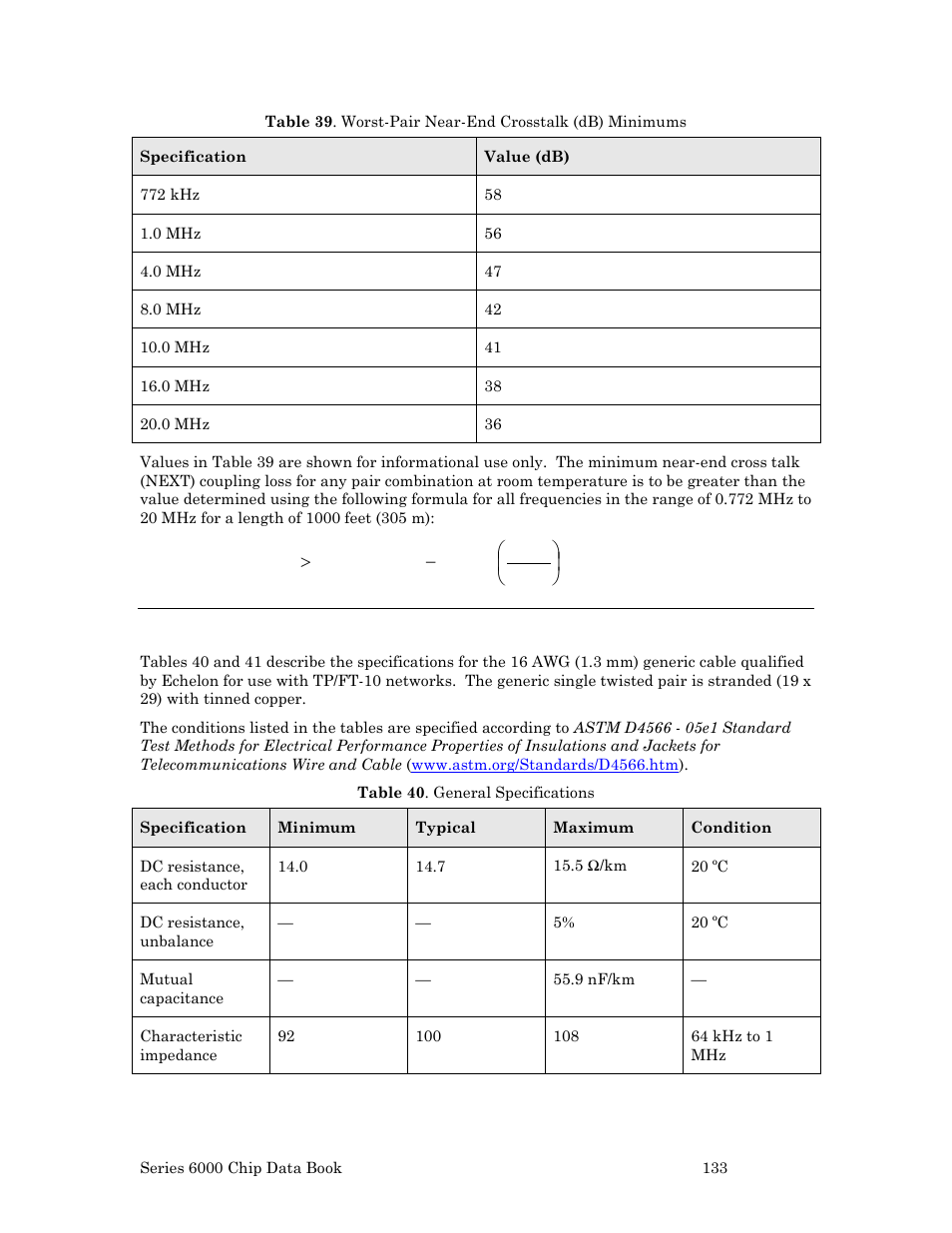 16 awg (1.3 mm) “generic” cable specifications, Ee 16 awg (1.3 mm) “generic” cable, Specifications | Echelon Series 6000 Chip databook User Manual | Page 145 / 181