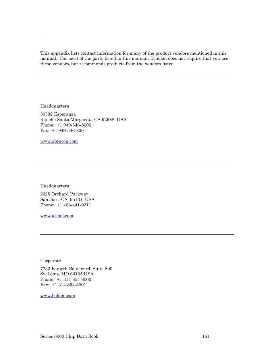 Vendor information, Abracon corporation, Atmel corporation | Belden inc | Echelon Series 6000 Chip databook User Manual | Page 173 / 181