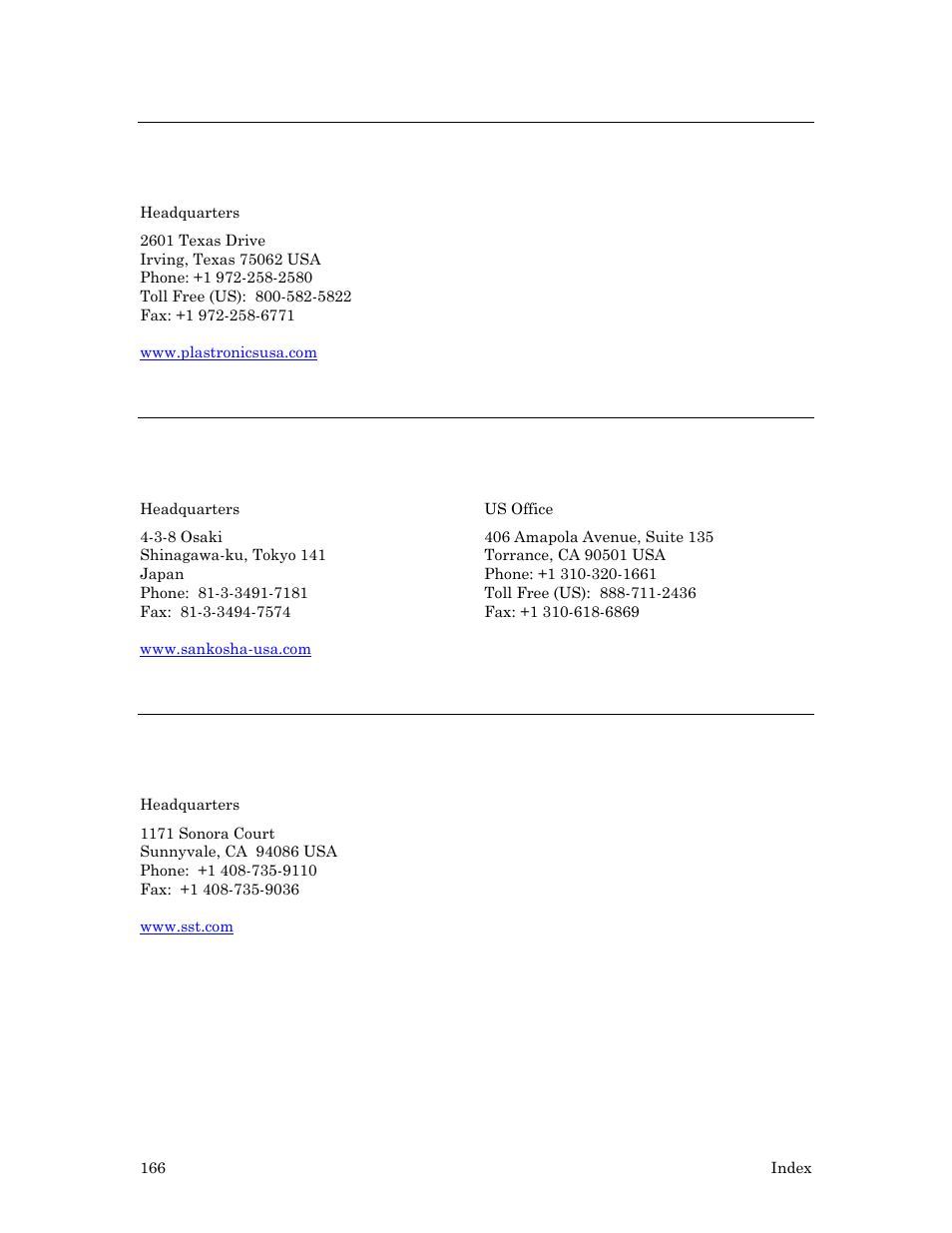 Plastronics socket company inc, Sankosha corp, Silicon storage technology inc | Echelon Series 6000 Chip databook User Manual | Page 178 / 181