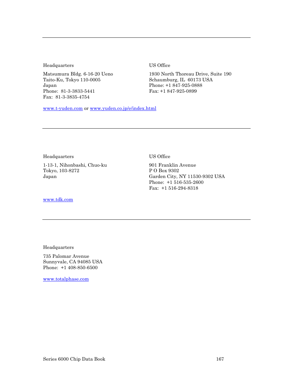 Taiyo yuden company ltd, Tdk corp, Total phase inc | Echelon Series 6000 Chip databook User Manual | Page 179 / 181