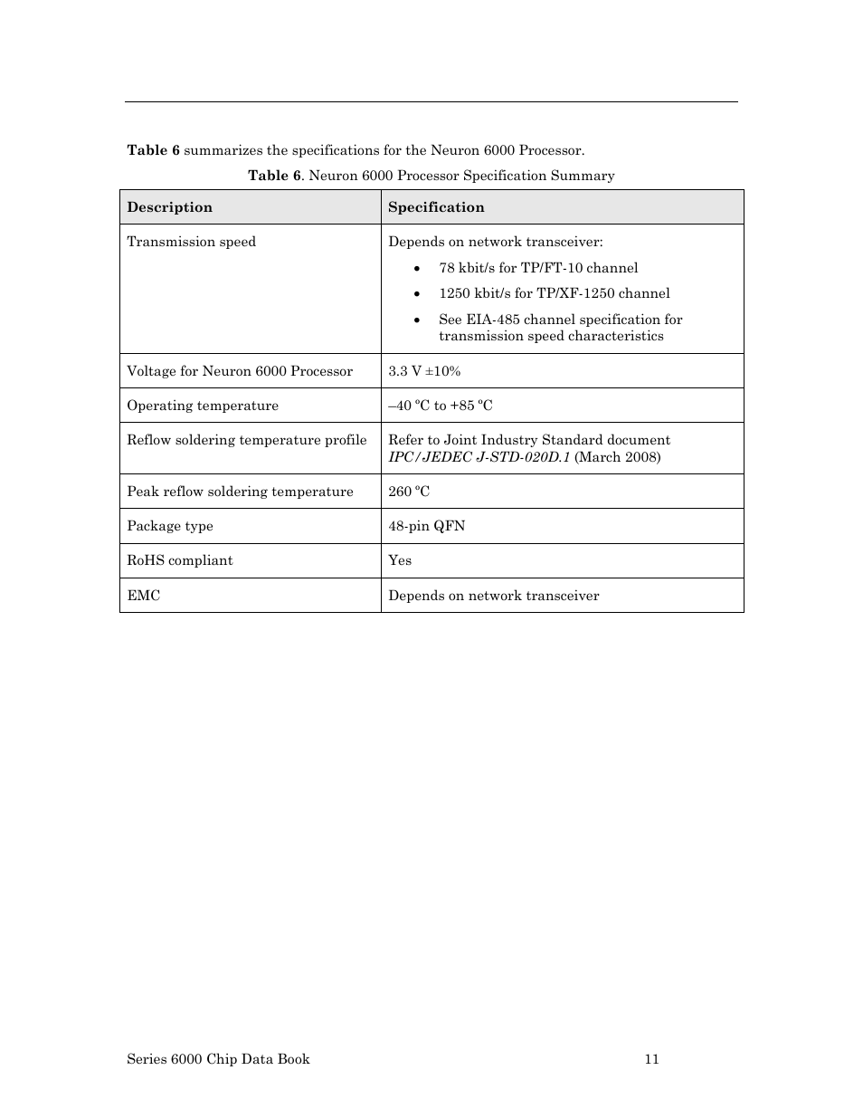 Specification summary for neuron 6000 processors | Echelon Series 6000 Chip databook User Manual | Page 23 / 181