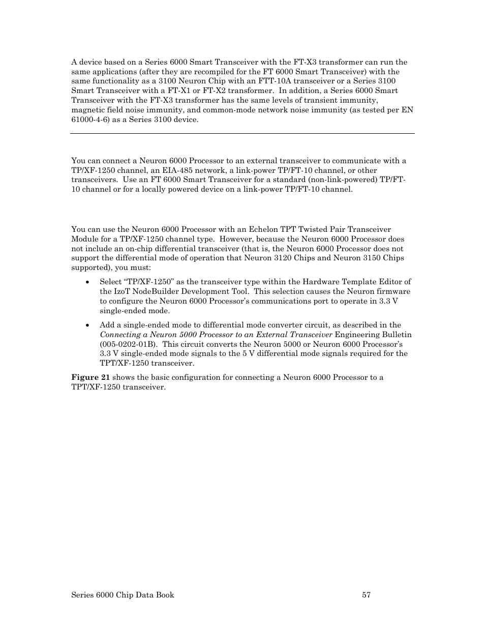 Connection for a neuron 6000 processor, Tpt/xf-1250 transceivers | Echelon Series 6000 Chip databook User Manual | Page 69 / 181