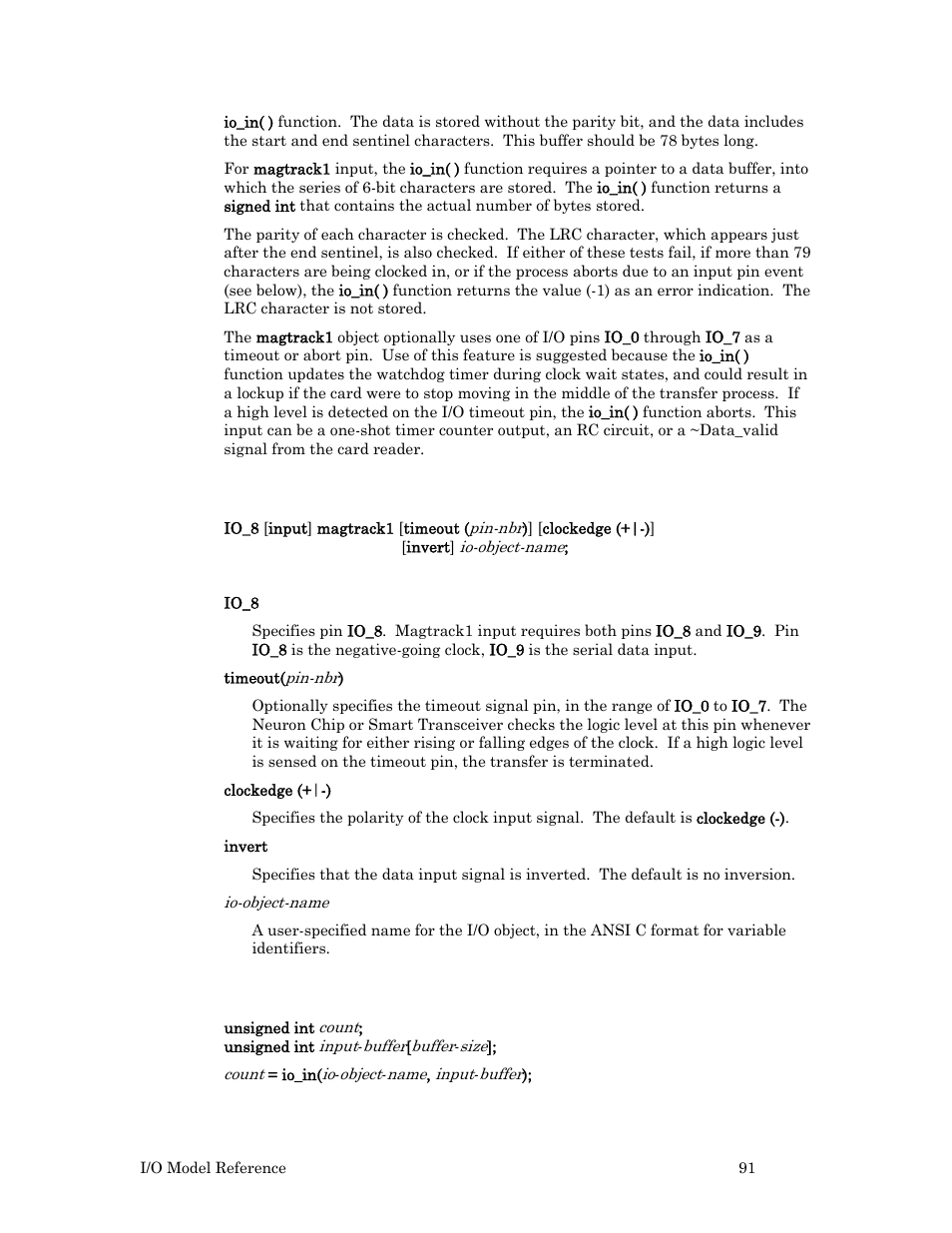 Syntax, Usage | Echelon I/O Model Reference for Smart Transceivers and Neuron Chips User Manual | Page 101 / 209