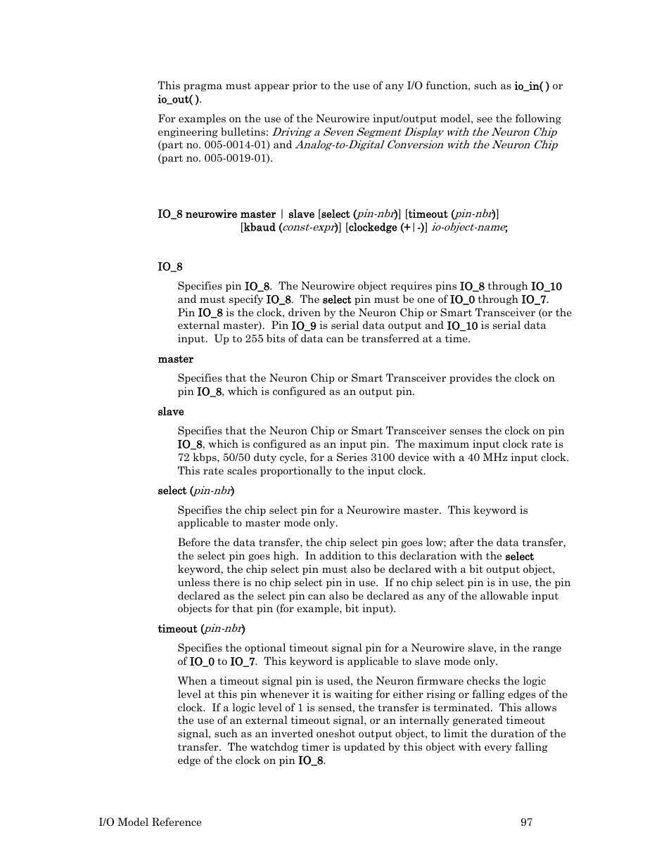 Syntax | Echelon I/O Model Reference for Smart Transceivers and Neuron Chips User Manual | Page 107 / 209