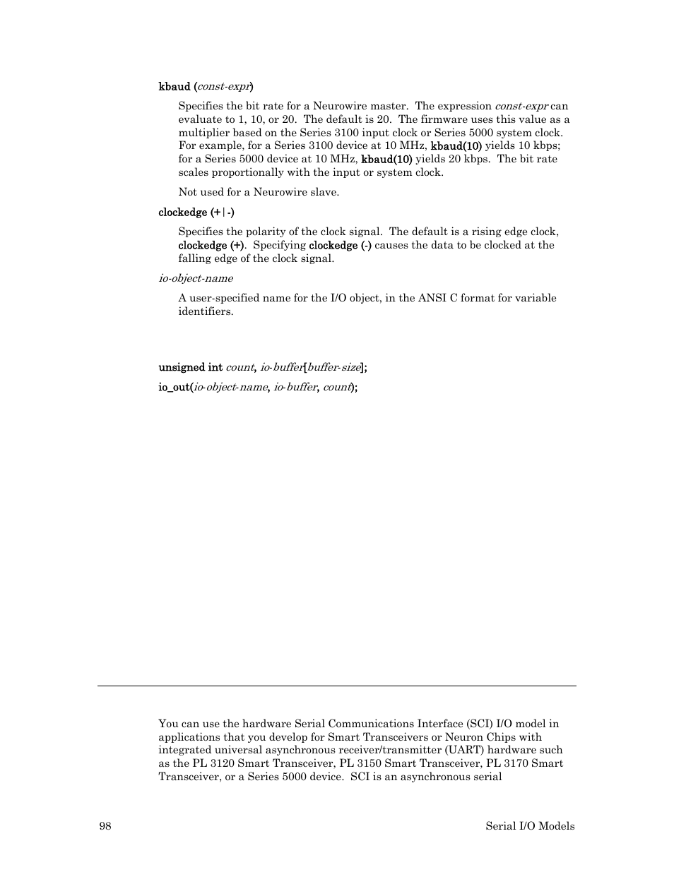 Sci (uart) input/output, Usage, Example | 98 and | Echelon I/O Model Reference for Smart Transceivers and Neuron Chips User Manual | Page 108 / 209