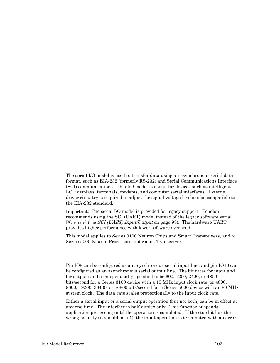 Serial input/output, Hardware considerations, Example | Echelon I/O Model Reference for Smart Transceivers and Neuron Chips User Manual | Page 113 / 209