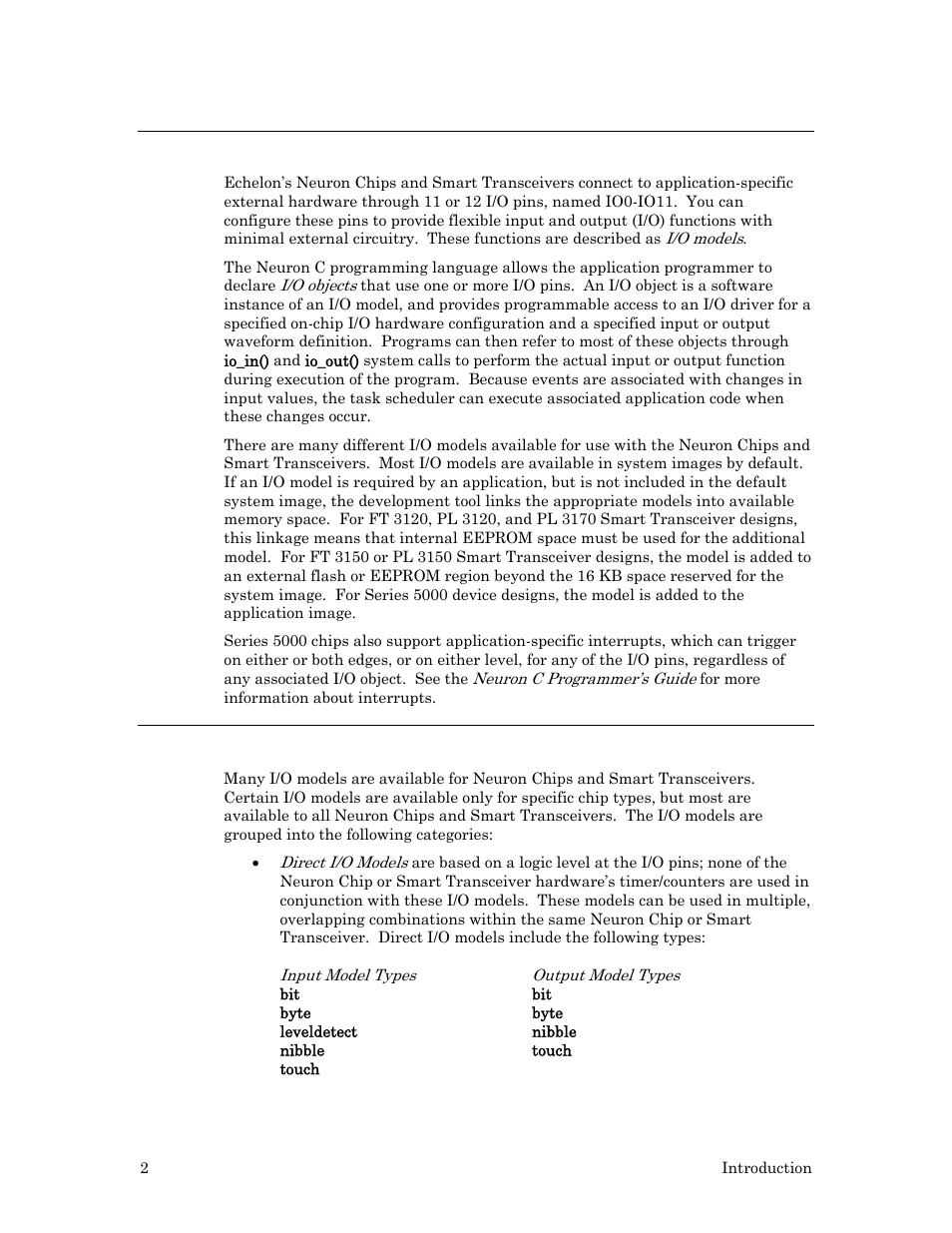 Overview, Summary of the available i/o models | Echelon I/O Model Reference for Smart Transceivers and Neuron Chips User Manual | Page 12 / 209