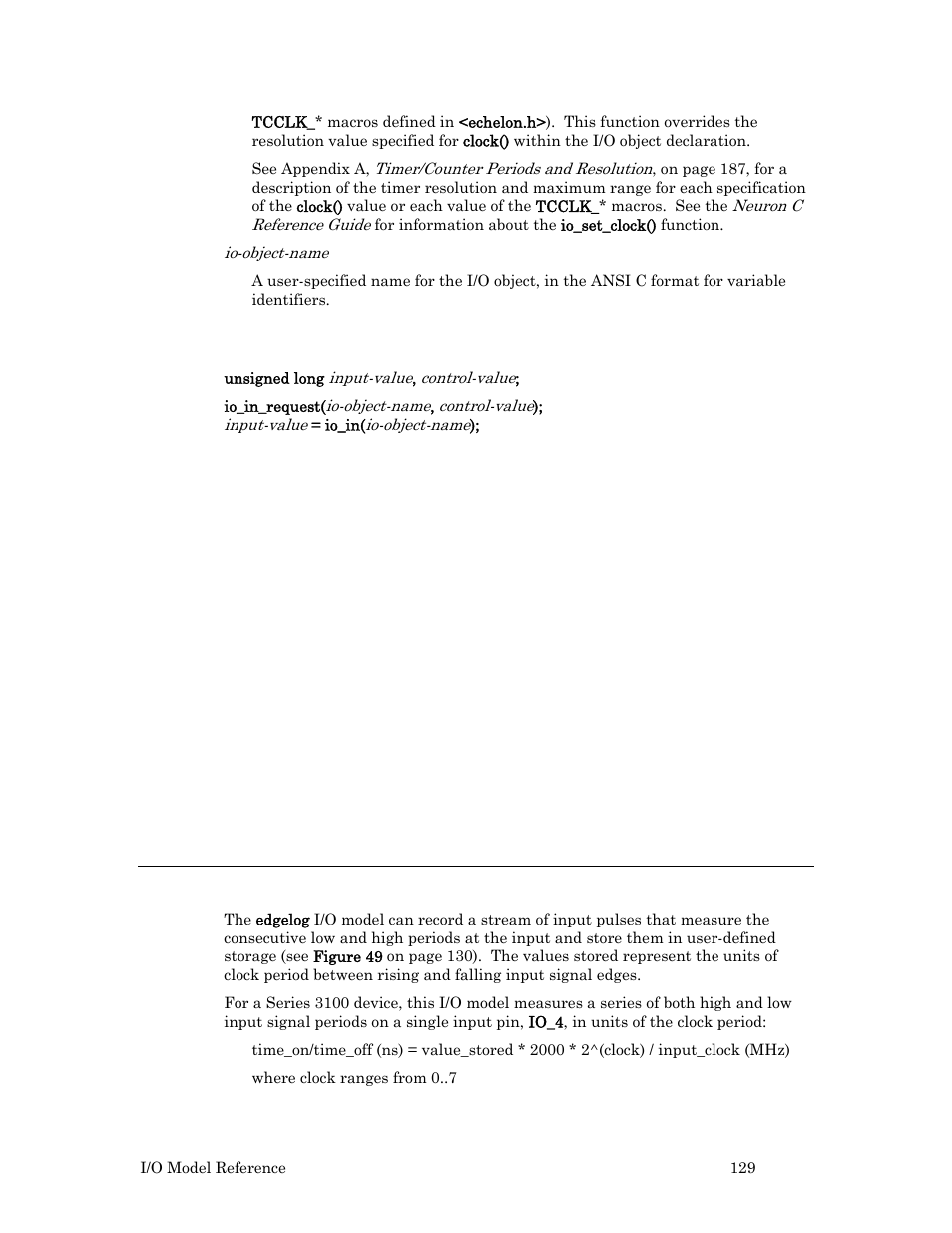 Edgelog input, Usage, Example | Echelon I/O Model Reference for Smart Transceivers and Neuron Chips User Manual | Page 139 / 209