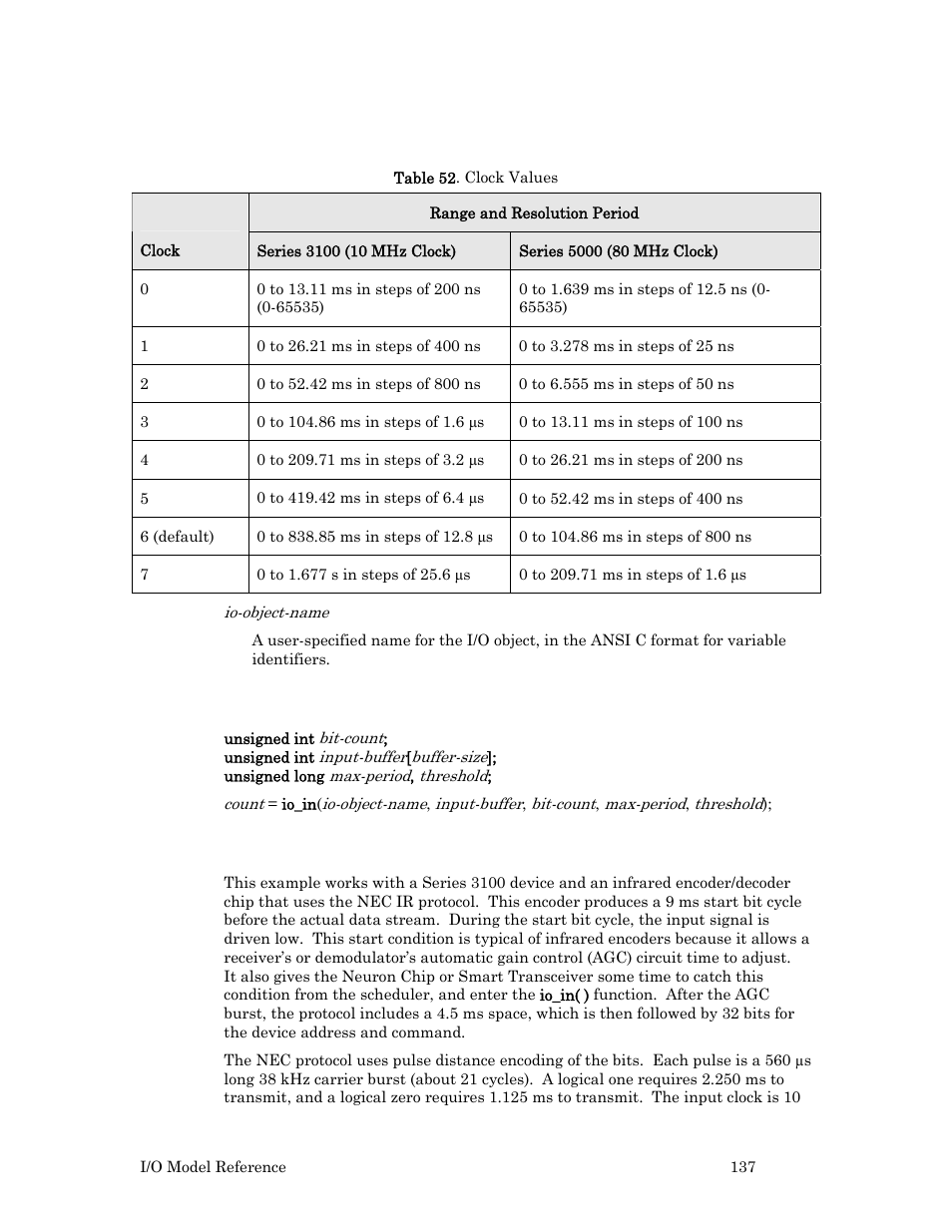 Usage, Example, E clock. table 52 on | Echelon I/O Model Reference for Smart Transceivers and Neuron Chips User Manual | Page 147 / 209